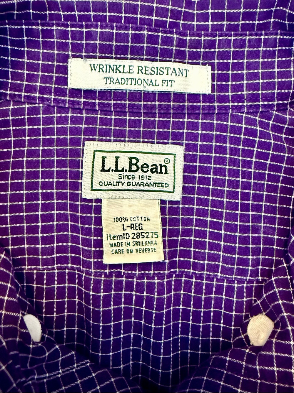 L.L Bean Mens Lg Wrinkle Resistance Long Sleeve Purple Gingham Button Down Shirt - Picture 7 of 11